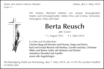 Traueranzeige von Berta Reusch von Metzinger-Uracher Volksblatt