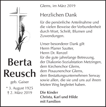 Traueranzeige von Berta Reusch von Metzinger-Uracher Volksblatt