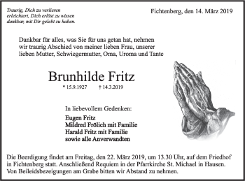 Traueranzeige von Brunhilde Fritz von Rundschau Gaildorf