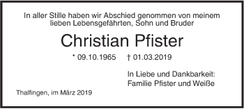 Traueranzeige von Christian Pfister von SÜDWEST PRESSE Ausgabe Ulm/Neu-Ulm