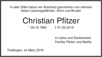 Traueranzeige von Christian Pfitzer von SÜDWEST PRESSE Ausgabe Ulm/Neu-Ulm