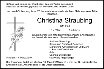 Traueranzeige von Christina Straubing von Haller Tagblatt