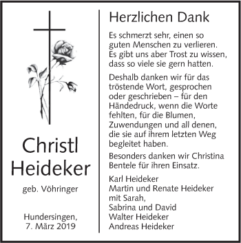 Traueranzeige von Christl Heideker von Alb-Bote/Metzinger-Uracher Volksblatt