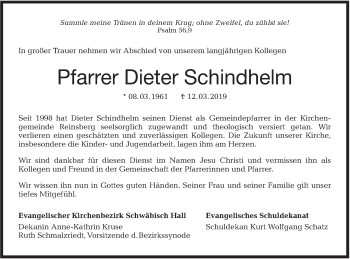 Traueranzeige von Dieter Schindhelm von Haller Tagblatt