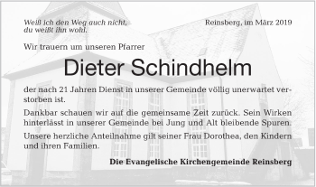 Traueranzeige von Dieter Schindhelm von Haller Tagblatt