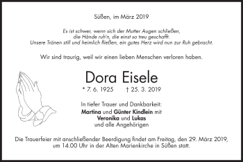 Traueranzeige von Dora Eisele von NWZ Neue Württembergische Zeitung