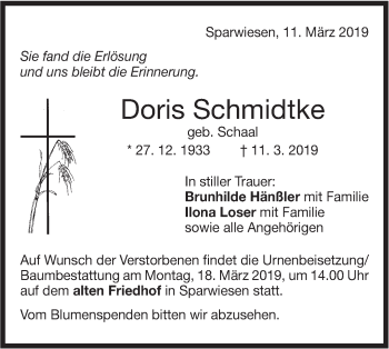 Traueranzeige von Doris Schmidtke von NWZ Neue Württembergische Zeitung