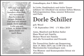 Traueranzeige von Dorle Schiller von Alb-Bote/Metzinger-Uracher Volksblatt