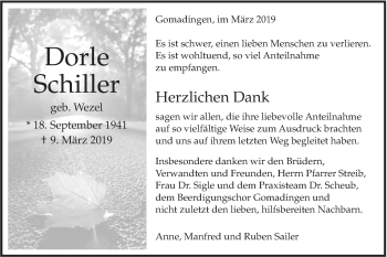 Traueranzeige von Dorle Schiller von Alb-Bote/Metzinger-Uracher Volksblatt