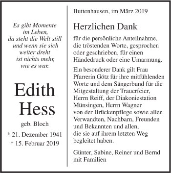 Traueranzeige von Edith Hess von Alb-Bote/Metzinger-Uracher Volksblatt