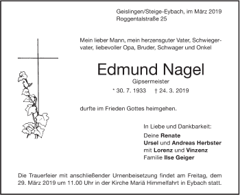 Traueranzeige von Edmund Nagel von Geislinger Zeitung