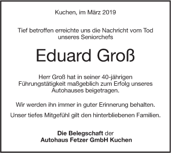 Traueranzeige von Eduard Groß von Geislinger Zeitung