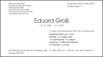 Traueranzeige von Eduard Groß von NWZ Neue Württembergische Zeitung/Geislinger Zeitung