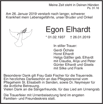 Traueranzeige von Egon Elhardt von SÜDWEST PRESSE Ausgabe Ulm/Neu-Ulm