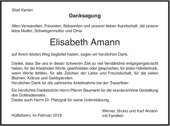 Traueranzeige von Elisabeth Amann von SÜDWEST PRESSE Ausgabe Ulm/Neu-Ulm