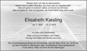 Traueranzeige von Elisabeth Kiesling von SÜDWEST PRESSE Ausgabe Ulm/Neu-Ulm