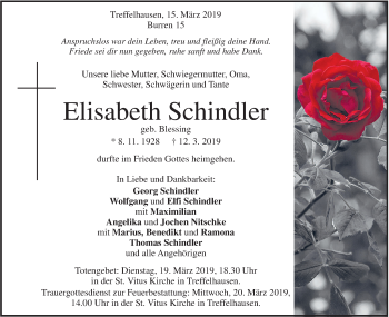 Traueranzeige von Elisabeth Schindler von Geislinger Zeitung