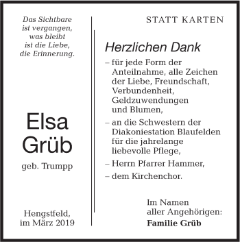 Traueranzeige von Elsa Grüb von Hohenloher Tagblatt