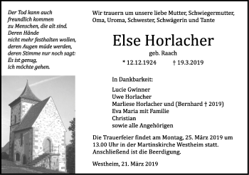 Traueranzeige von Else Horlacher von Haller Tagblatt