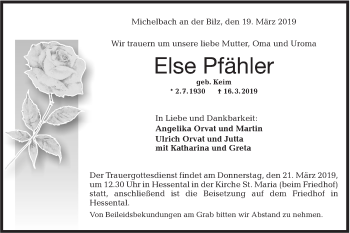 Traueranzeige von Else Pfähler von Haller Tagblatt