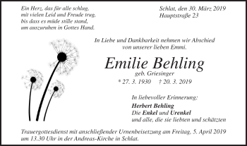 Traueranzeige von Emilie Behling von NWZ Neue Württembergische Zeitung