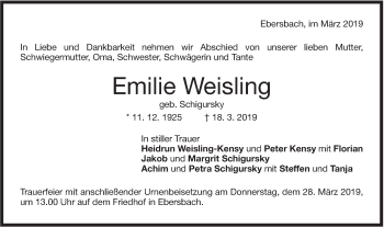 Traueranzeige von Emilie Weisling von NWZ Neue Württembergische Zeitung