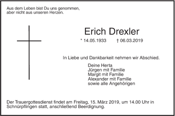 Traueranzeige von Erich Drexler von SÜDWEST PRESSE Ausgabe Ulm/Neu-Ulm