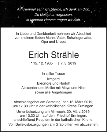 Traueranzeige von Erich Strähle von SÜDWEST PRESSE Ausgabe Ulm/Neu-Ulm