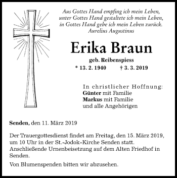 Traueranzeige von Erika Braun von SÜDWEST PRESSE Ausgabe Ulm/Neu-Ulm