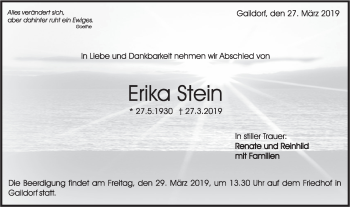 Traueranzeige von Erika Stein von Rundschau Gaildorf