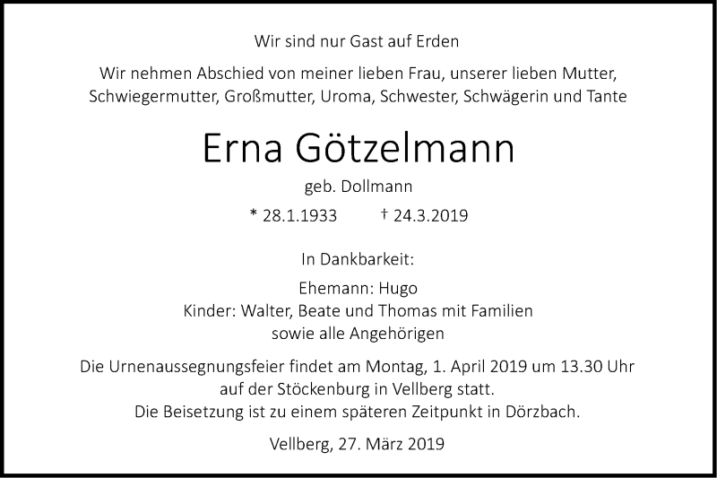  Traueranzeige für Erna Götzelmann vom 27.03.2019 aus Haller Tagblatt