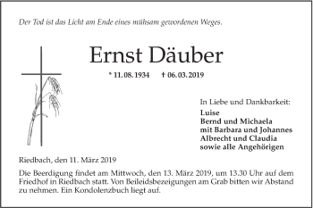 Traueranzeige von Ernst Däuber von Hohenloher Tagblatt