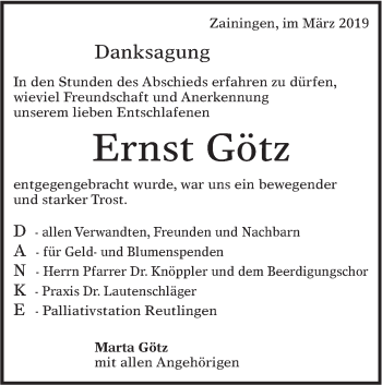 Traueranzeige von Ernst Götz von Alb-Bote/Metzinger-Uracher Volksblatt