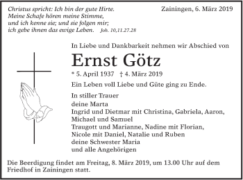 Traueranzeige von Ernst Götz von Alb-Bote/Metzinger-Uracher Volksblatt