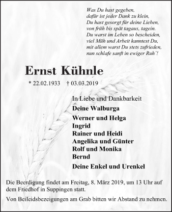 Traueranzeige von Ernst Kühnle von SÜDWEST PRESSE