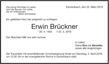 Traueranzeige von Erwin Brückner von NWZ Neue Württembergische Zeitung