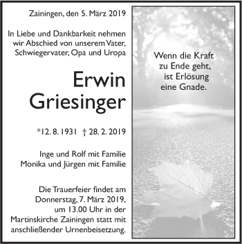 Traueranzeige von Erwin Griesinger von Alb-Bote/Metzinger-Uracher Volksblatt