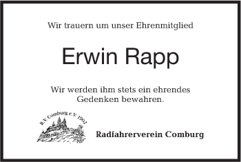 Traueranzeige von Erwin Rapp von Haller Tagblatt