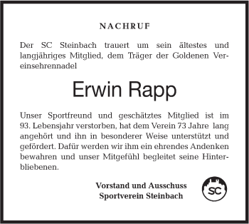 Traueranzeige von Erwin Rapp von Haller Tagblatt