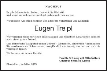 Traueranzeige von Eugen Treipl von Hohenloher Tagblatt