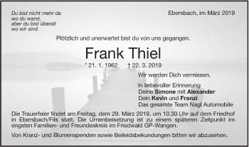 Traueranzeige von Frank Thiel von NWZ Neue Württembergische Zeitung