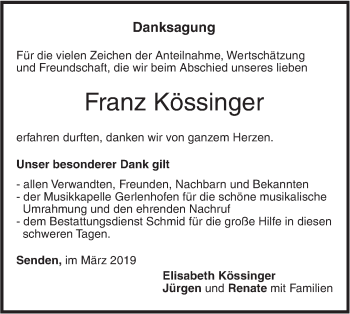 Traueranzeige von Franz Kössinger von SÜDWEST PRESSE Ausgabe Ulm/Neu-Ulm