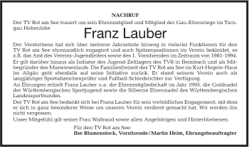 Traueranzeige von Franz Lauber von Hohenloher Tagblatt