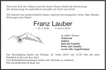 Traueranzeige von Franz Lauber von Hohenloher Tagblatt