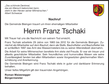 Traueranzeige von Franz Tschaki von Hohenzollerische Zeitung