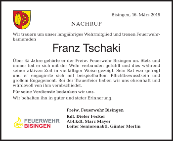 Traueranzeige von Franz Tschaki von Hohenzollerische Zeitung