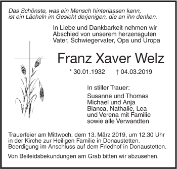 Traueranzeige von Franz Xaver Welz von SÜDWEST PRESSE Ausgabe Ulm/Neu-Ulm