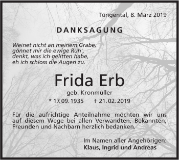 Traueranzeige von Frida Erb von Haller Tagblatt