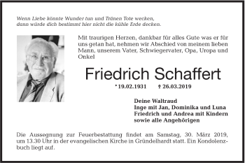 Traueranzeige von Friedrich Schaffert von Hohenloher Tagblatt