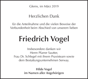 Traueranzeige von Friedrich Vogel von Metzinger-Uracher Volksblatt